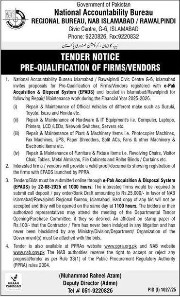 National Accountability Bureau Islamabad Tender Notice